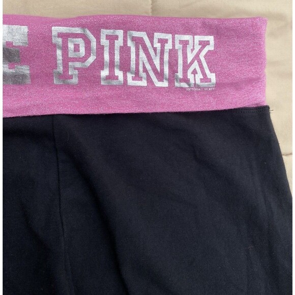 Y2K VS PINK M Foldover Black Flare Leggings Pink Silver Logo Low Rise Vtg - Picture 6 of 15